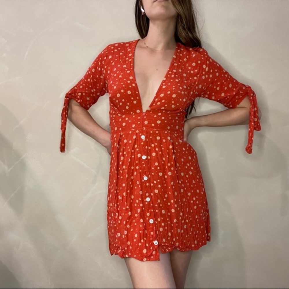 Faithfull the Brand Orange / Red Floral Sundress with Arm & Waist Ties in size S